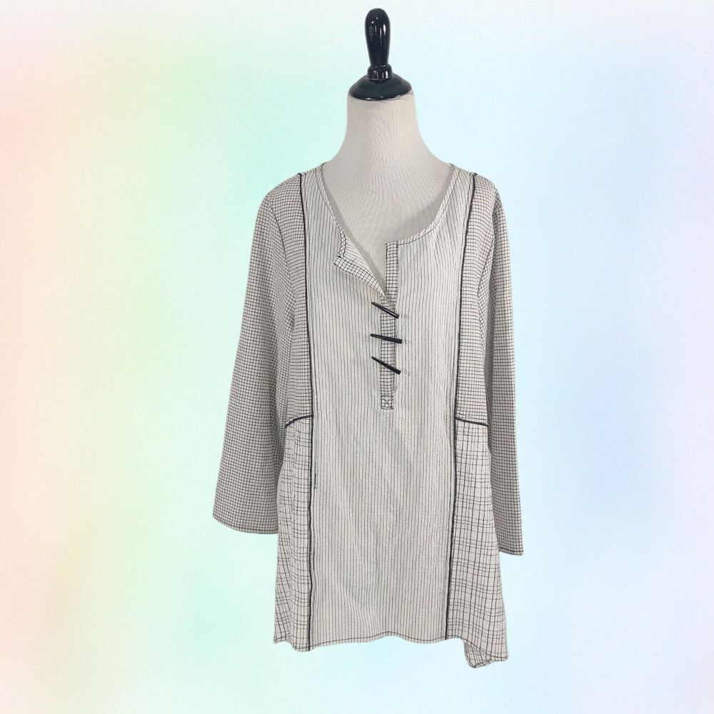 Habitat Shirt L White Black Crinkle Rayon Blend 3/4 Cuff Sleeve‎ Lagenlook boho